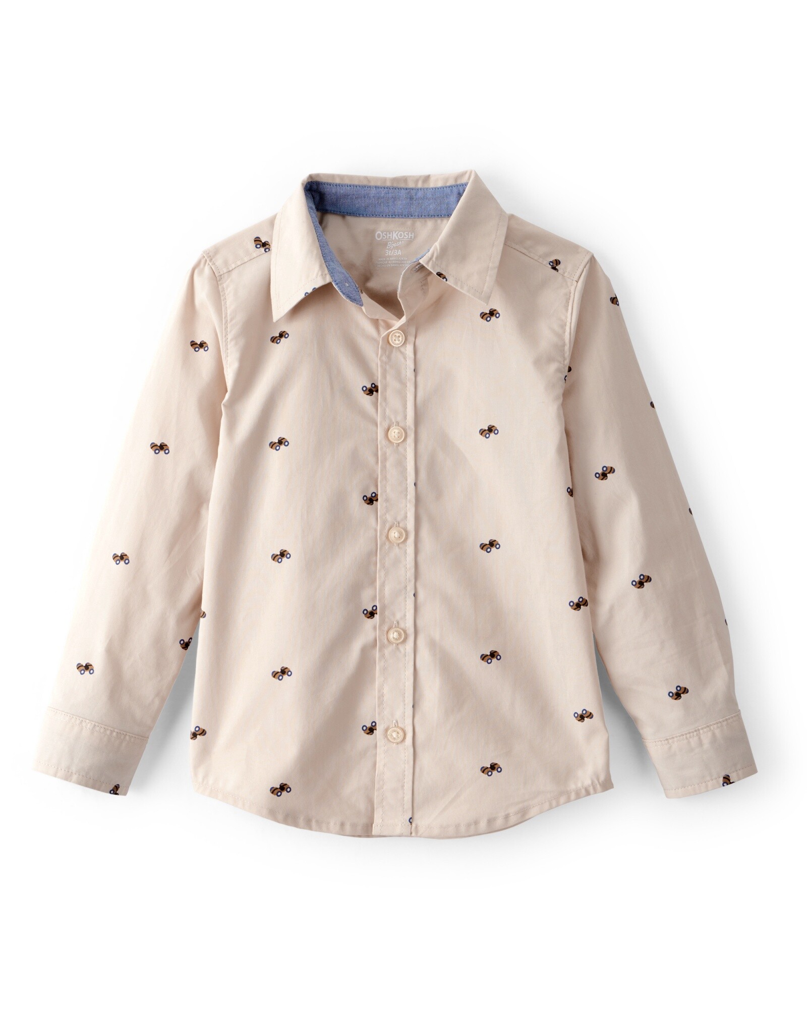 Camisa de algodón, manga larga, beige, diseño autos Sin color