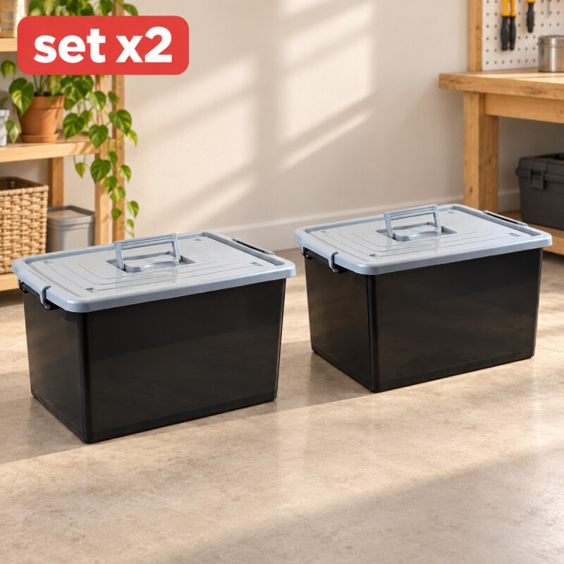 Set x2 Caja organizadora 50 lts NEGRO Y GRIS