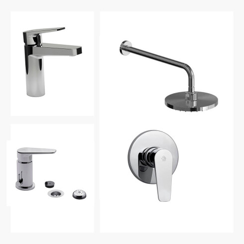 JUEGO COMPLETO CROMADO LINEA ZOE DUCHA EMBUTIDA SIN TRANSF, BRAZO Y ROSETA REDONDA, LAVATORIO BAJO Y BIDET CON TRANSF. 000