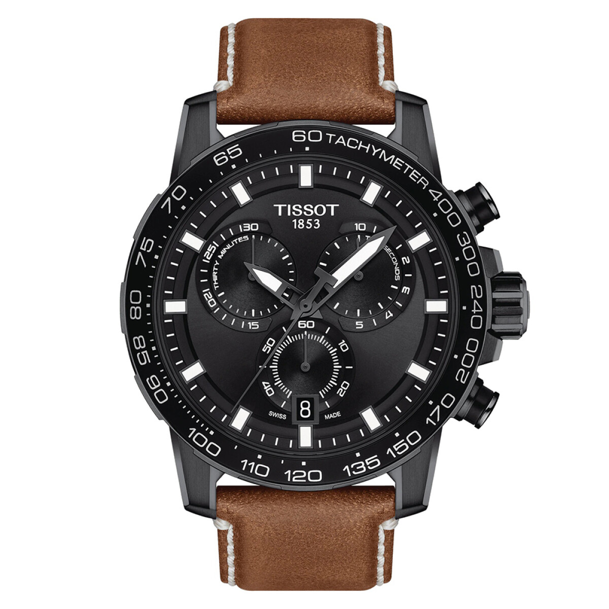 Reloj Tissot Supersport Chrono en acero cubierto de PVD negro con esfera negra y correa marrón 