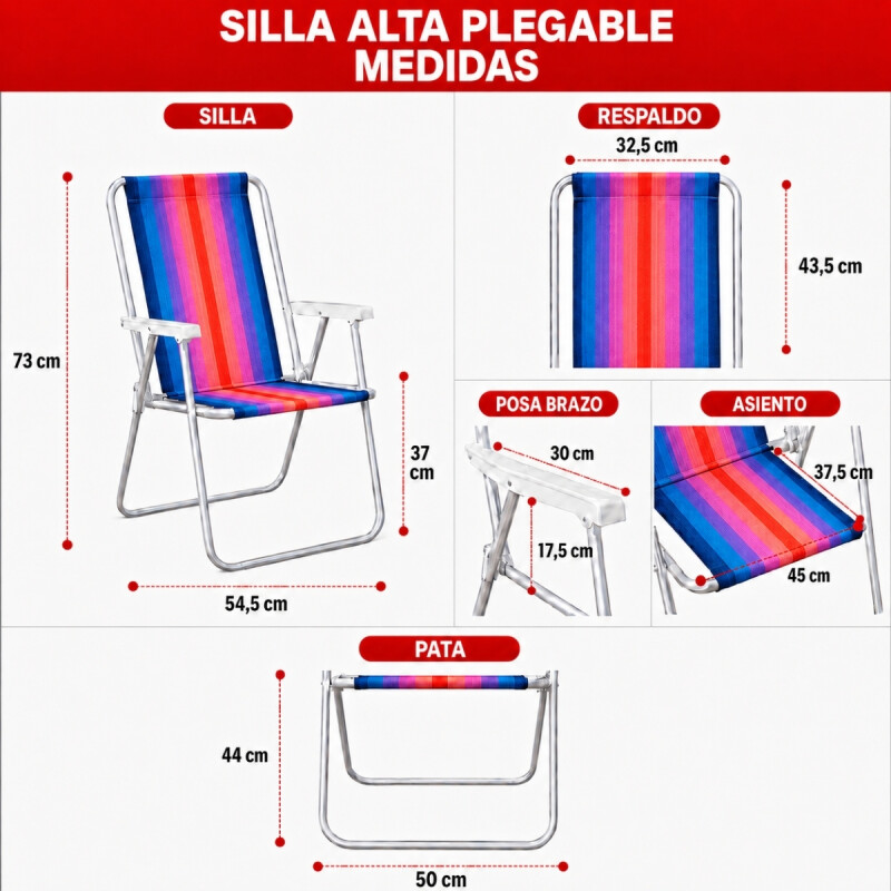 Silla Alta Aluminio Clásica A Rayas NARANJA/AZUL