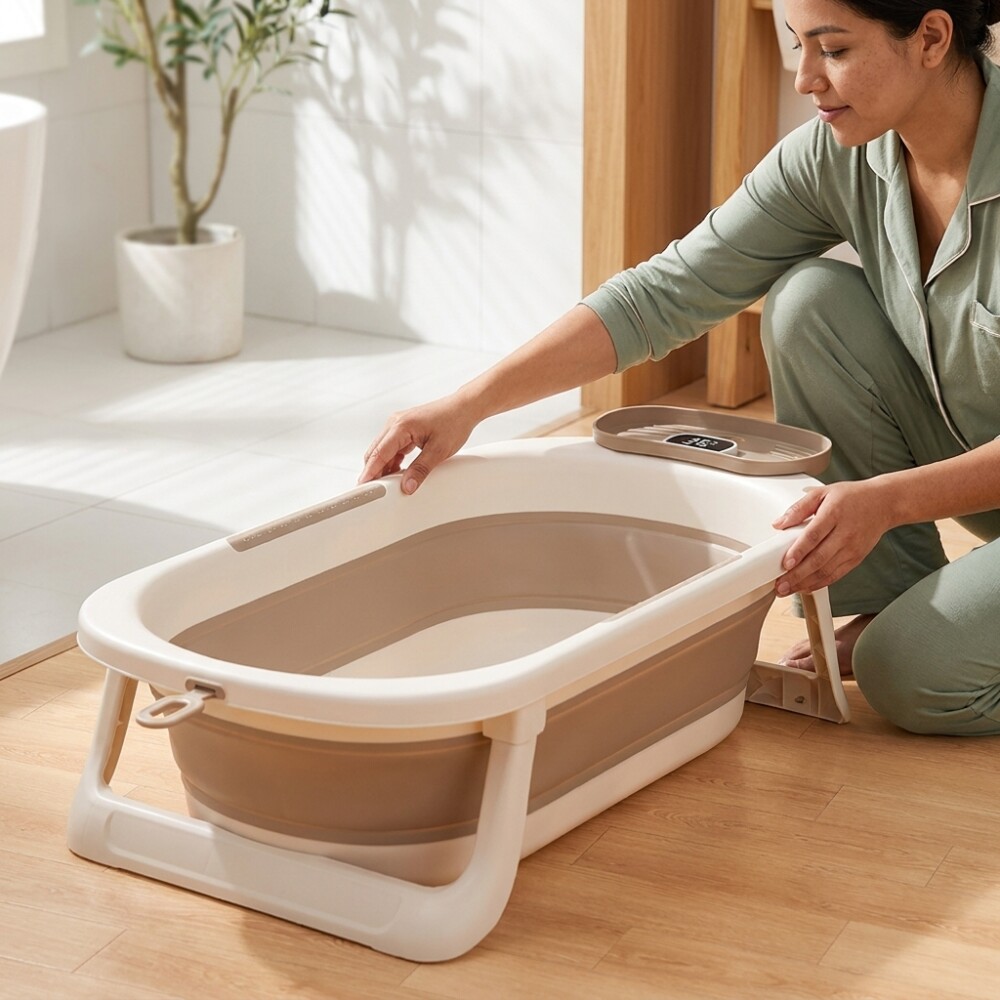 Bañito Para Bebé Plegable Con Termómetro Marrón