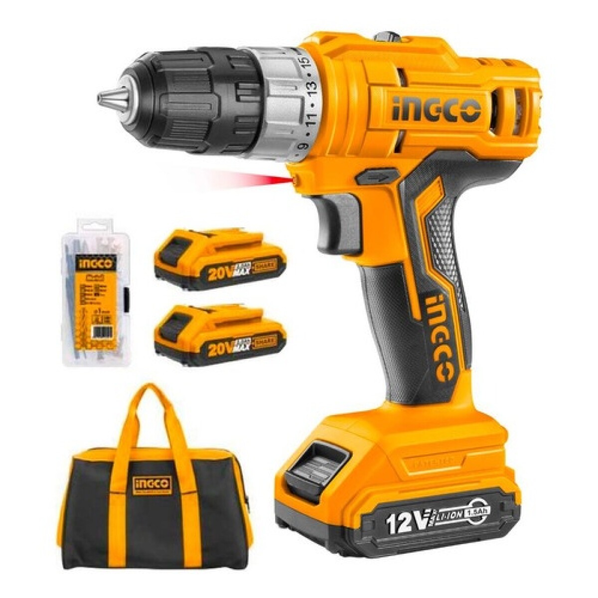 Taladro Atornillador con Percutor 20V Ingco + Accesorios y Bolso 