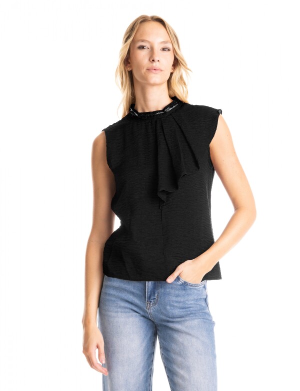 Blusa Drapeada & Cuello Bordado NEGRO