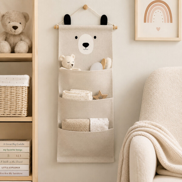 Organizador Colgante Osito Con 3 Bolsillos Para Bebé 60x20cm Blanco