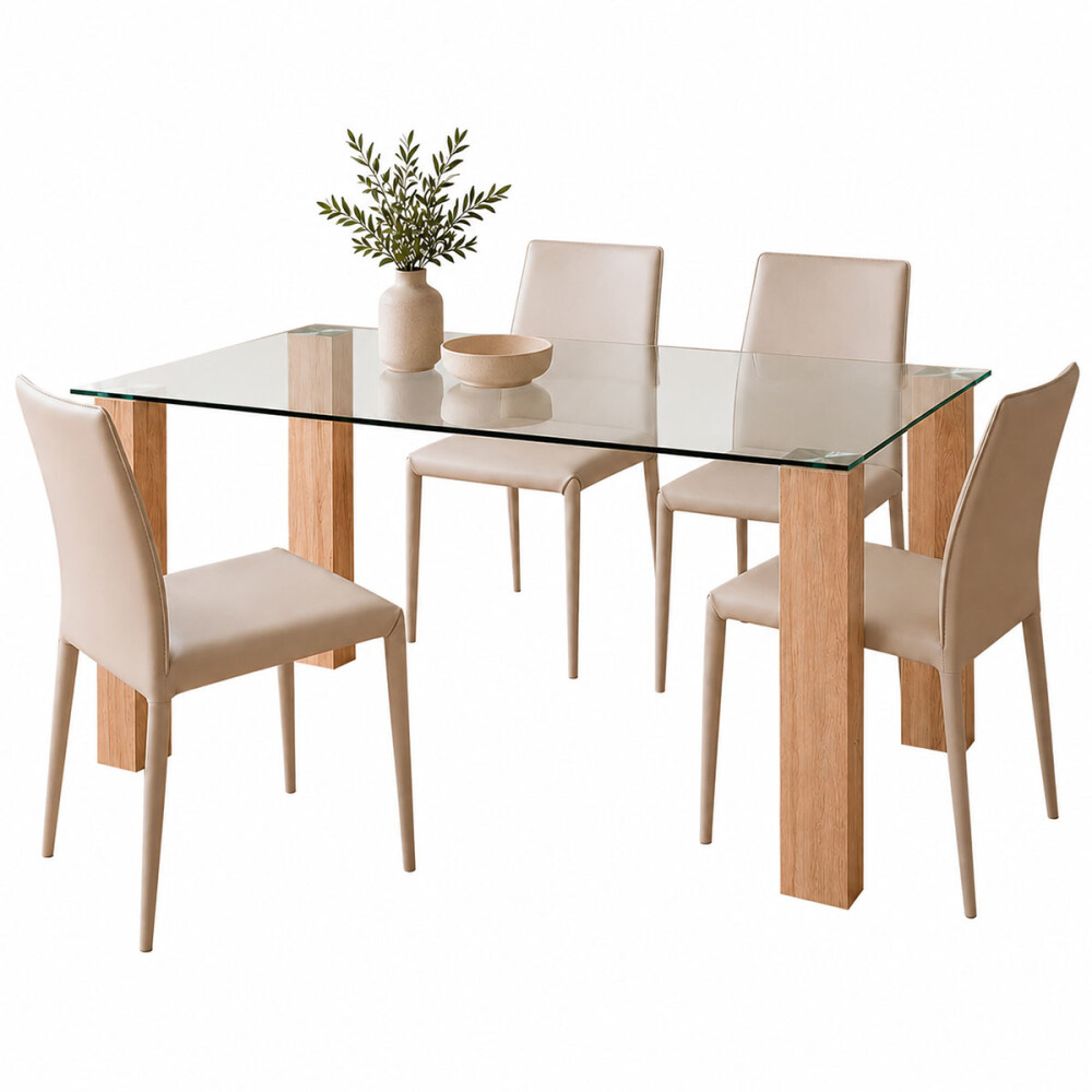 Juego De Comedor 4 Sillas Ecocuero Mesa De Vidrio Beige