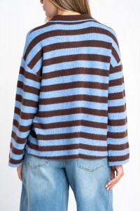 Sweater Polo Medio Cierre Rayado Chocolate