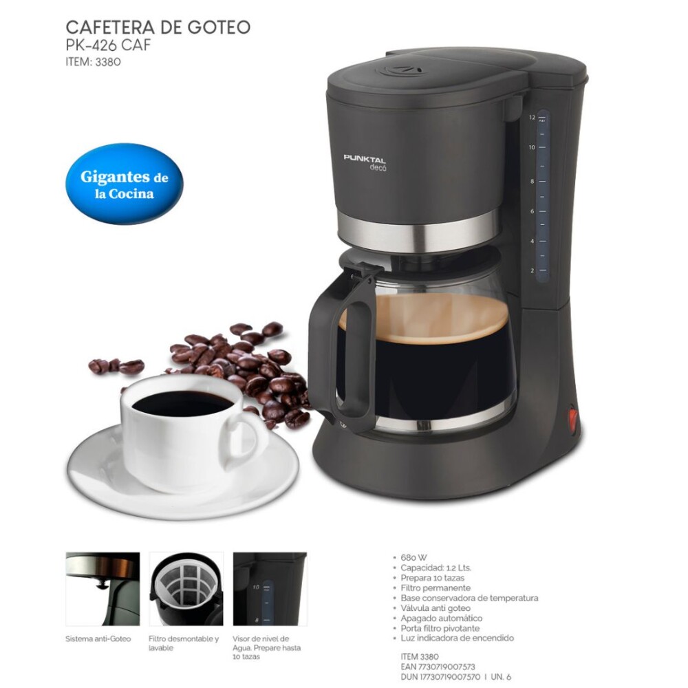 Cafetera con filtro Permanente 1,2 L - Punktal Cafetera con filtro Permanente 1,2 L - Punktal