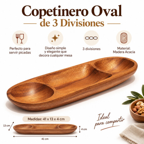 Copetinero Oval 3 Divisiones en Madera para Picada 41x13x4Cm Marrón