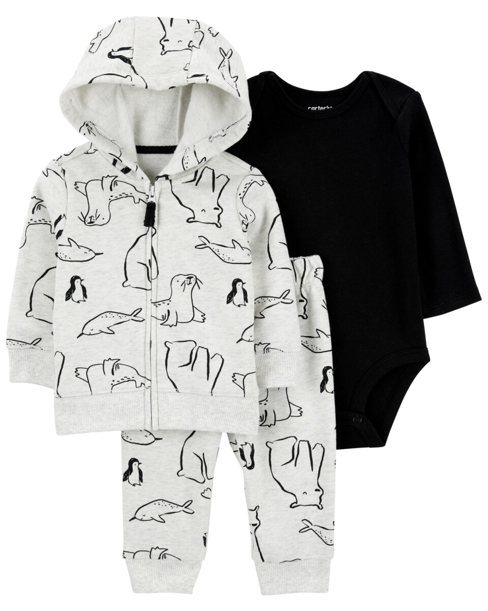 Set tres piezas de algodón, campera con capucha, pantalón y body, diseño animales árticos 