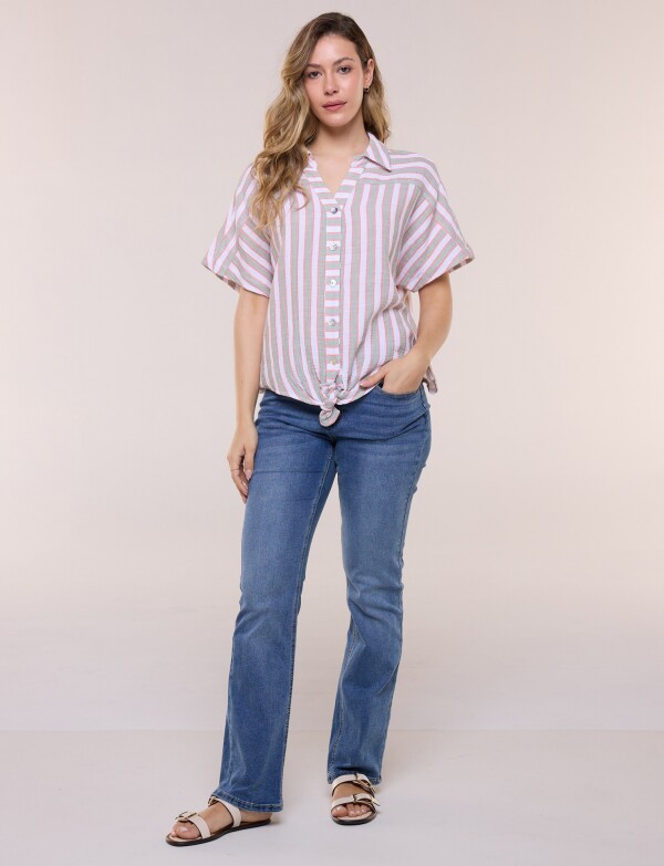 Camisa Con Nudo Frontal Y Manga Corta MULTI/VERDE