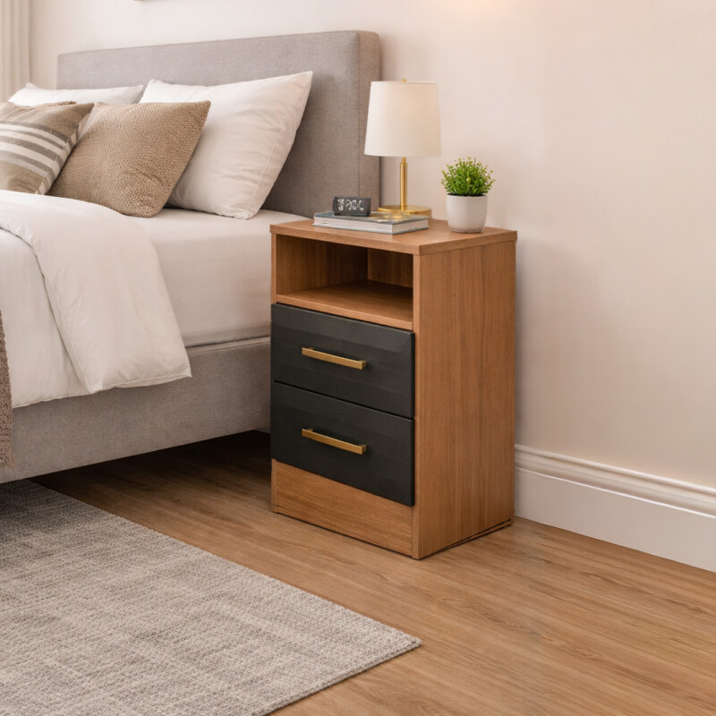 Mesa De Luz Blanca En Mdp Premium 1 Estante + 2 Cajones Ltc Color Nogal/grafito Mesa De Luz Blanca En Mdp Premium 1 Estante + 2 Cajones Ltc Color Nogal/grafito