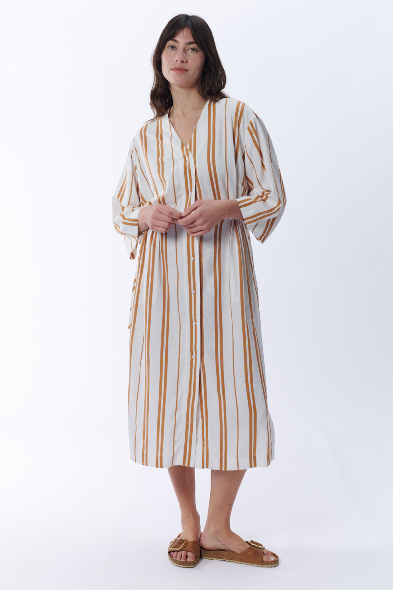Vestido camisero rayado - Blanco Y Camel 