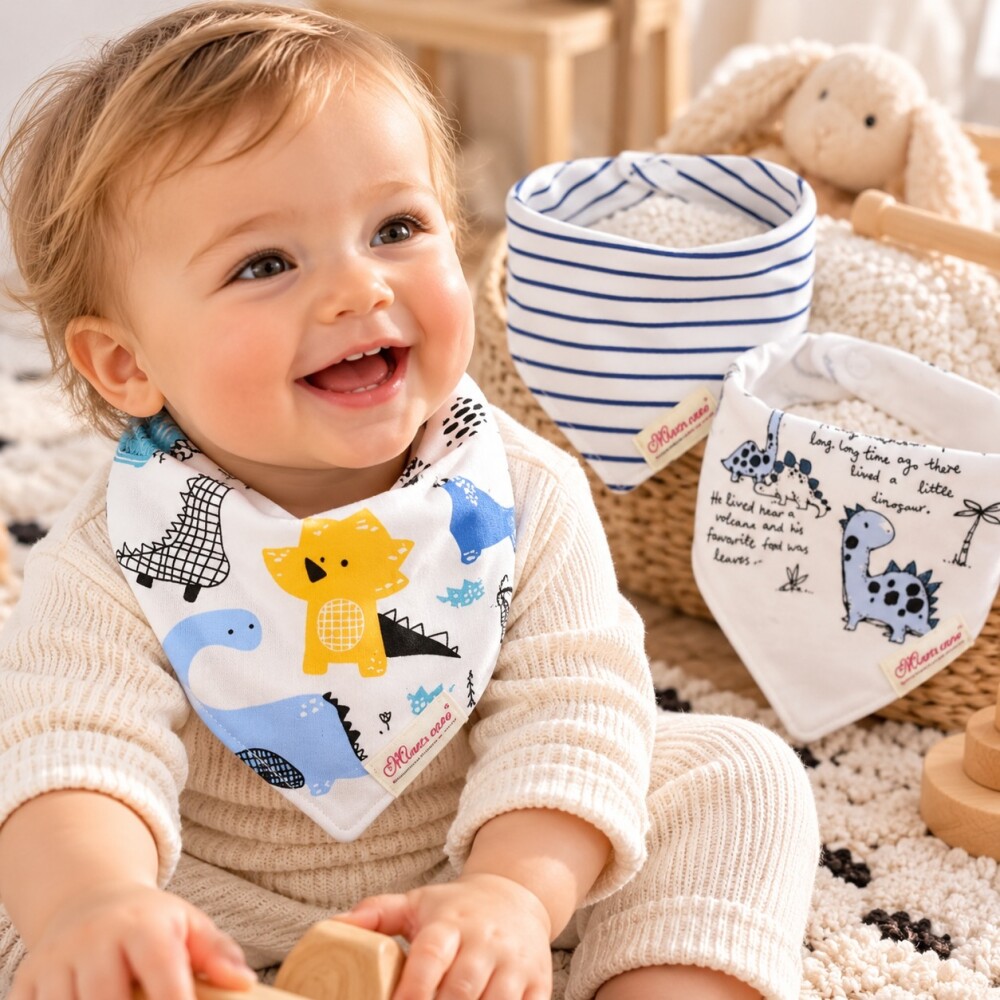 Set baberos bandana x3 dinos celeste pastel texto
