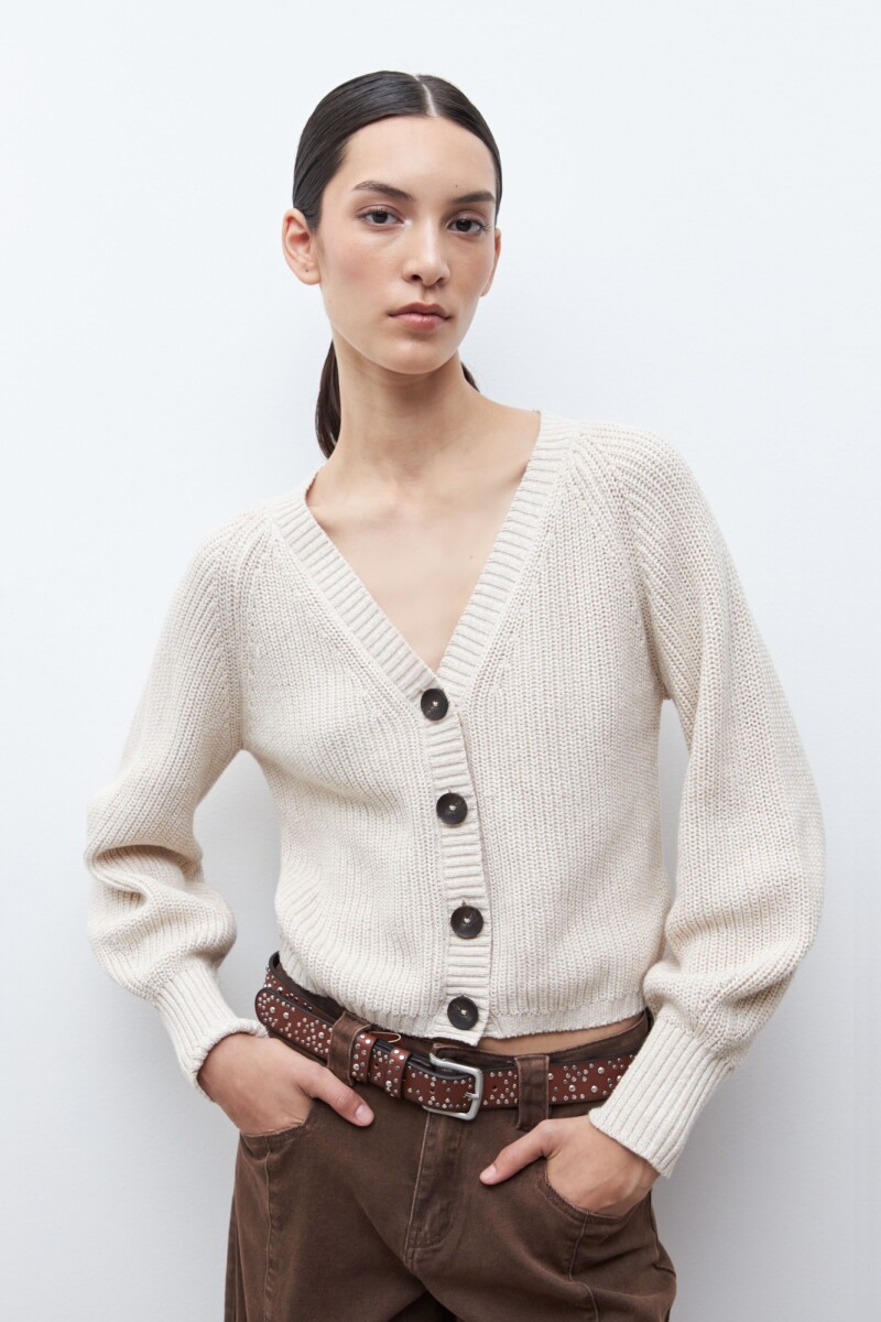 Cardigan escote V beige melange