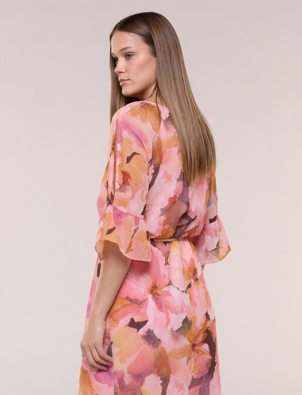Vestido Corto De Gasa Floral Con Abertura En Brazo ROSA/MULTI