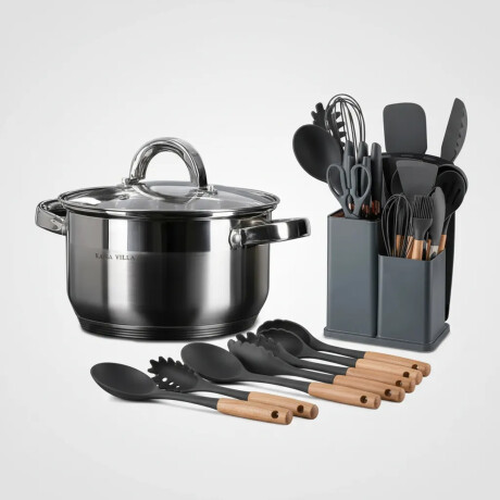 Set Cocina Utensilios Practico 19Pzs + Olla Acero Inoxi 22cm Gris