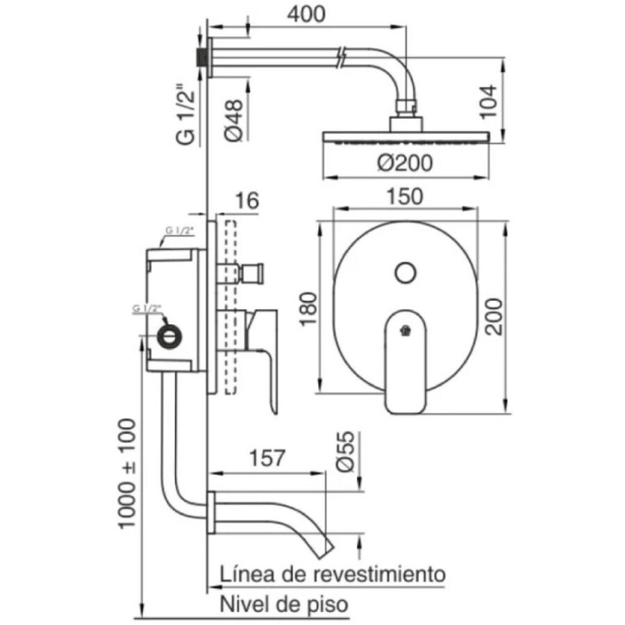 Grifería Baño Ducha Monocomando Empotrada con Transferencia Cromada Línea Coty Grifería Baño Ducha Monocomando Empotrada con Transferencia Cromada Línea Coty