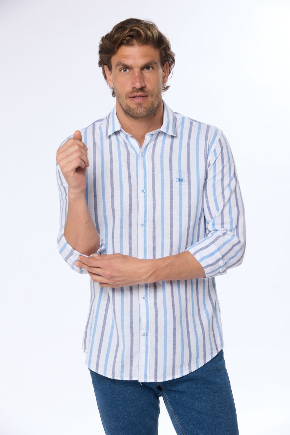 CAMISA DE LINO RAYADA Azul