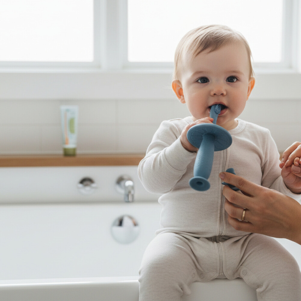 Cepillo dental silicona con tope seguridad lorelli celeste