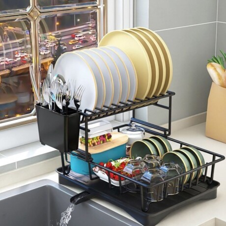 Escurridor de platos en metal 2 niveles con bandeja y desagüe Negro