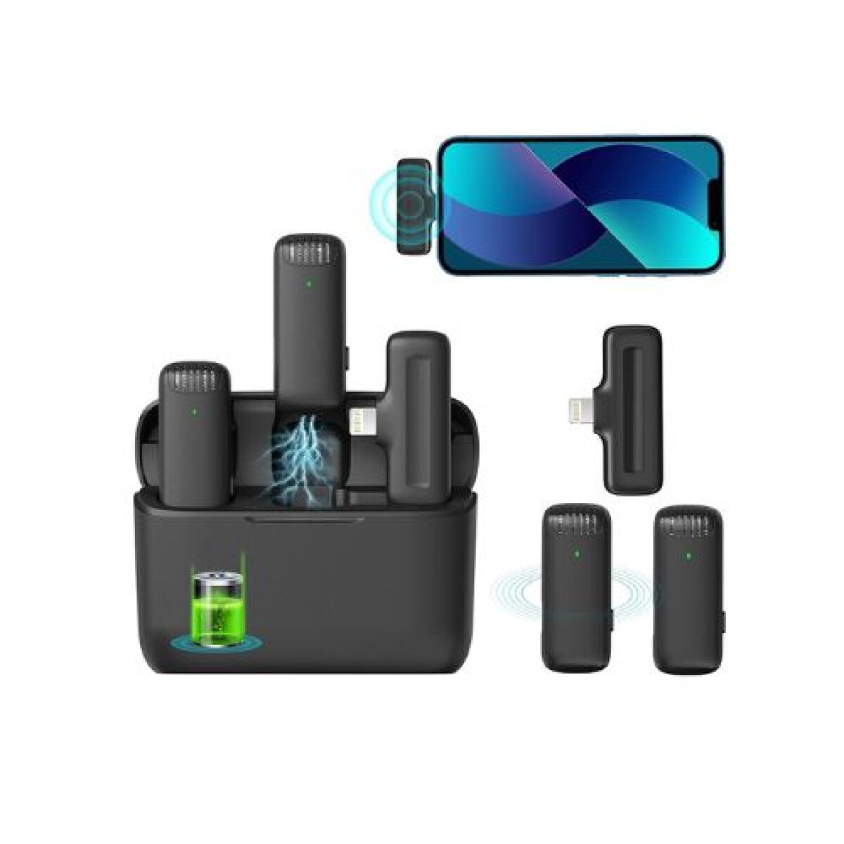 Micrófono x2 Solap c/Base Carga USB-C + iPhone Negro 