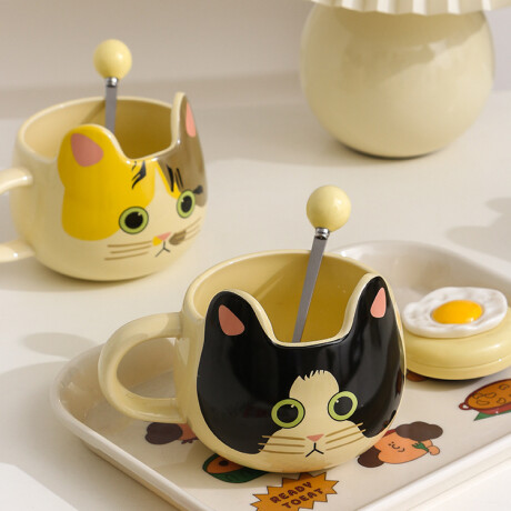 Taza gatito c/cuchara Blanco y negro