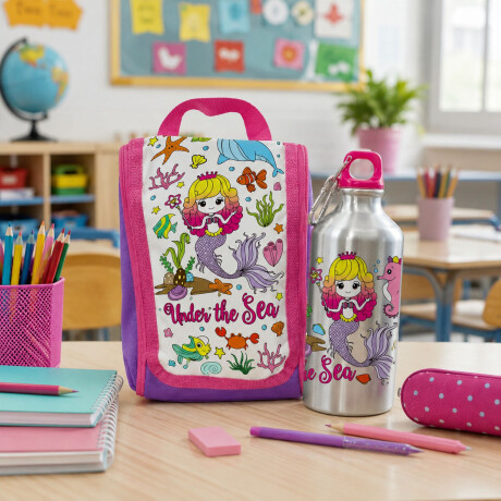 Set Lanchera Y Botella P/Colorear Infantil C/Fibras Stickers Rosa/violeta