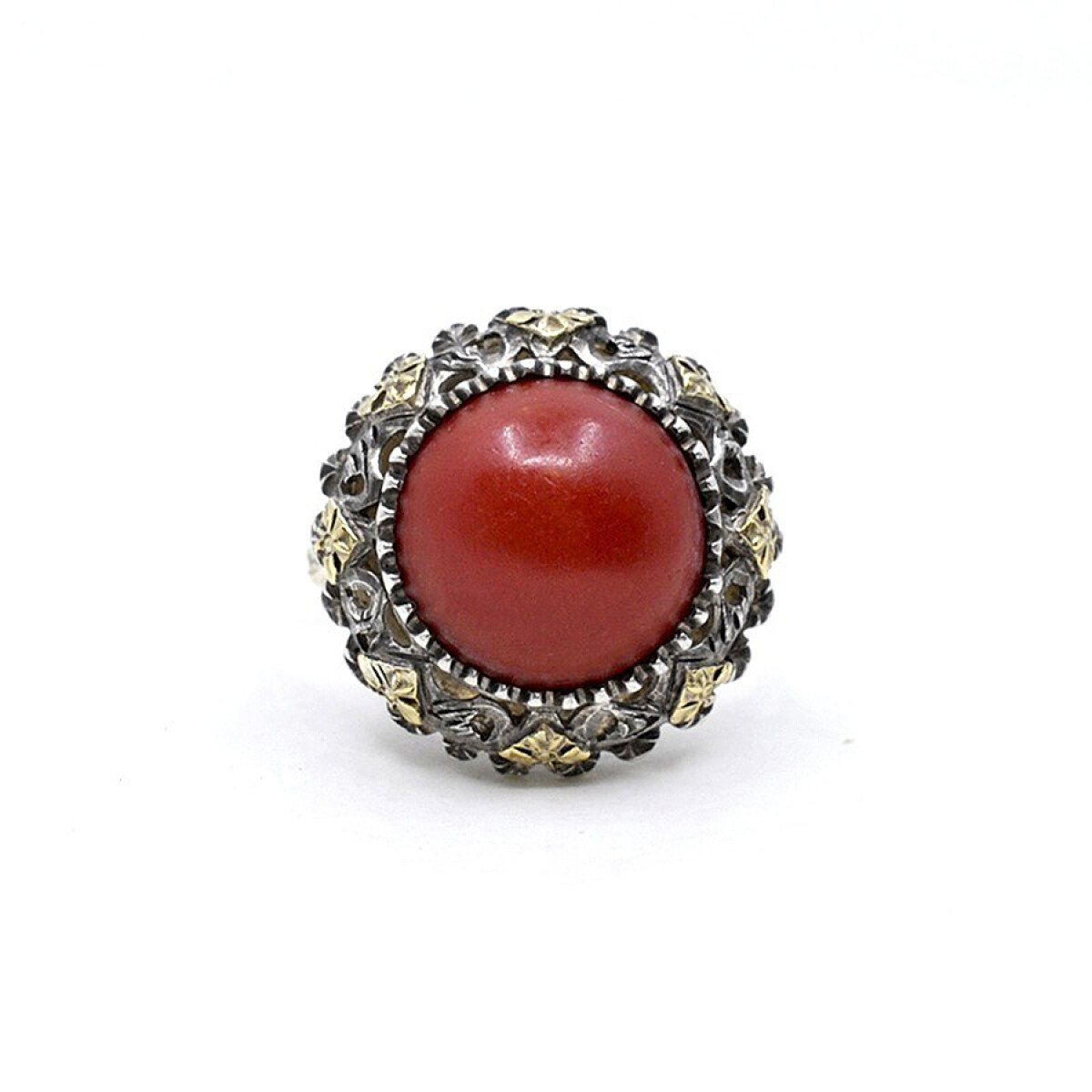 Anillo Antiguo En Plata, Oro 18K Y Coral 