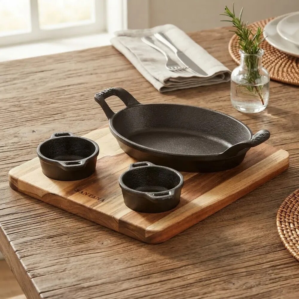 Set hierro salseras y soporte de madera 26x Set hierro salseras y soporte de madera 26x