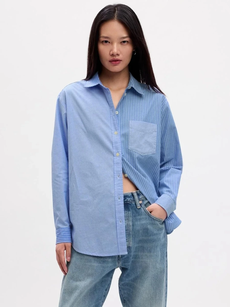 Camisa Poplin Oversize Mujer - Tonal Blue Stripe 