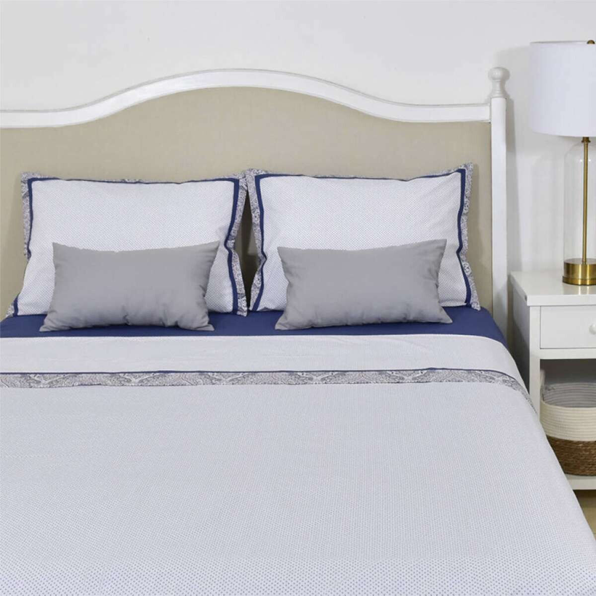 Juego Sábanas 1 Plaza Pilar Estampadas 200 Hilos 100% Algodón - Blanco Azul 