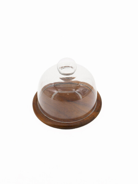 QUESERA CAMPANA DE VIDRIO Y BASE MADERA MARRON