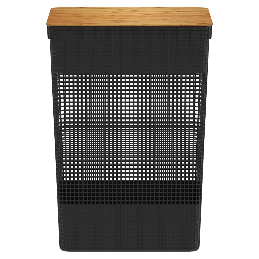 CESTA C/TAPA BAMBÚ PLASTICO-RECICLADO NEGRO GRID 49L