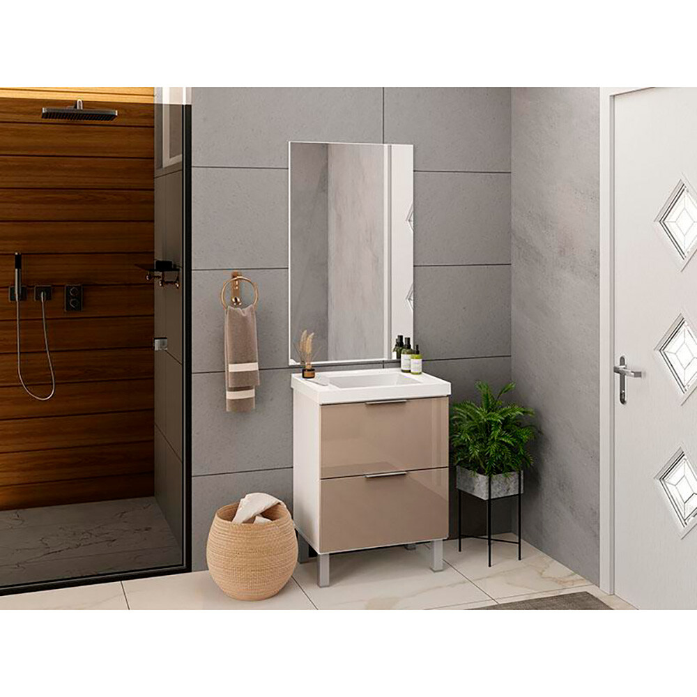 CONJUNTO DE BAÑO MODELO PIETRA COLOR BLANCO/GIANDUIA BRILHO / MUEBLE + BACHA + ESPEJO / 60 CM Conjunto De Baño Modelo Pietra Color Blanco/gianduia Brilho / Mueble + Bacha + Espejo / 60 Cm