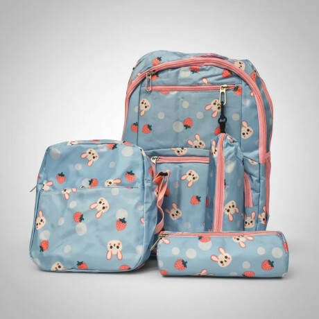 Set Mochila 3 Piezas Diseño Frutillitas Escolar Resistente Celeste