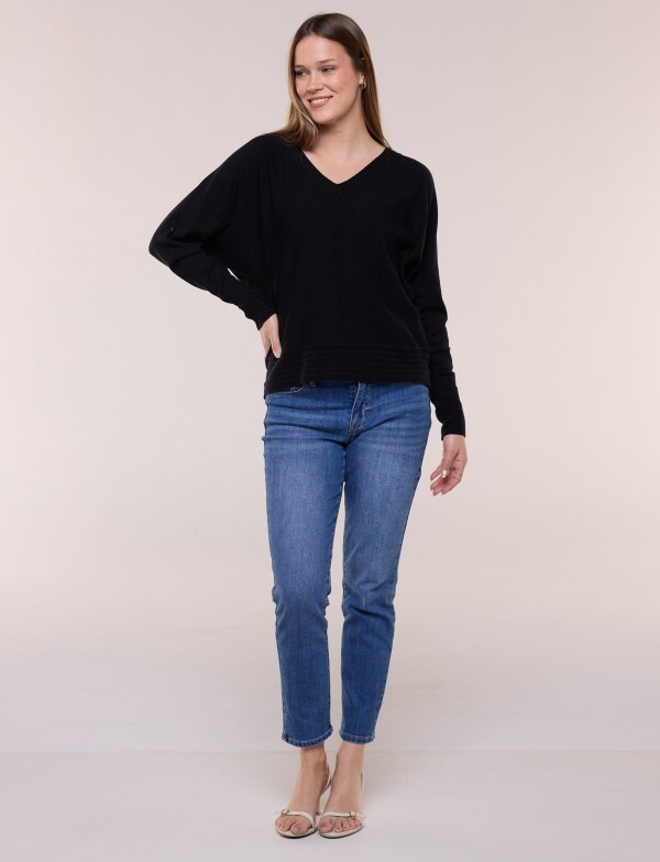 Buzo Tejido Fino Escote V Con Costura Central NEGRO