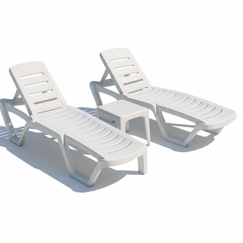 Set x2 Reposera de jardín con posiciones + mesa auxiliar BLANCO