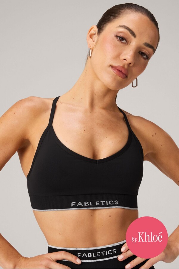 Bra Seamless V-Neck Push-Up Low Impact Bra Mujer Black/Classic White Fabletics