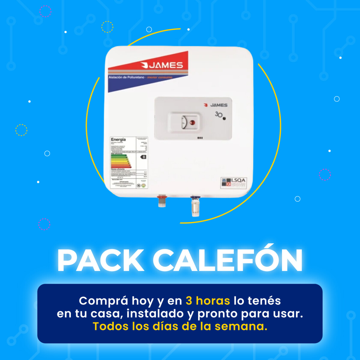 Pack Calefón James 30L prisma de Acero + Instalación 