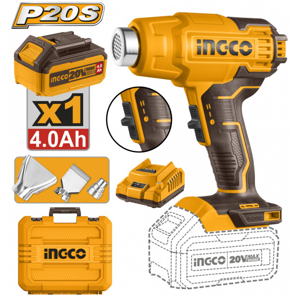 PISTOLA DE CALOR 20 V P20S 550C BATERIA 4 AH CARGADOR HGLI2002 INGCO PISTOLA DE CALOR 20 V P20S 550C BATERIA 4 AH CARGADOR HGLI2002 INGCO