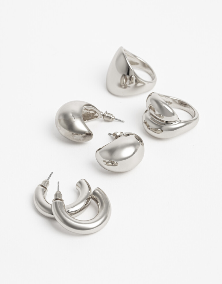 Bijouterie Set Metal Set Anillos Y Argollas Metal - Plateado Rodio