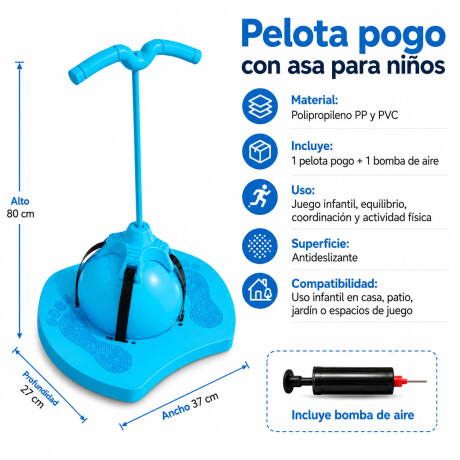 Pelota Pogo Saltarín Infantil Con Asas Base Inflador Celeste
