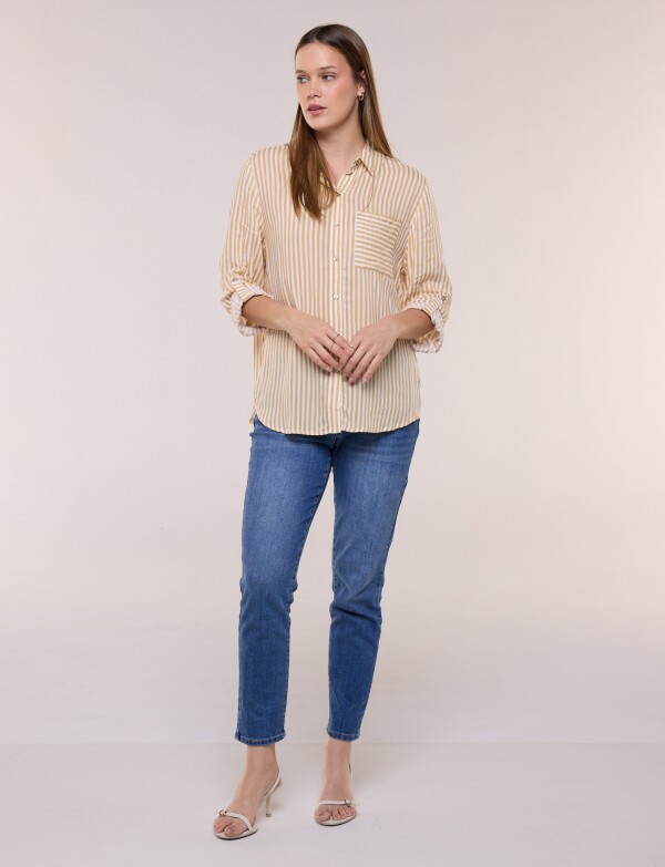 Camisa Clásica Rayada Con Mangas Arremangables MOSTAZA