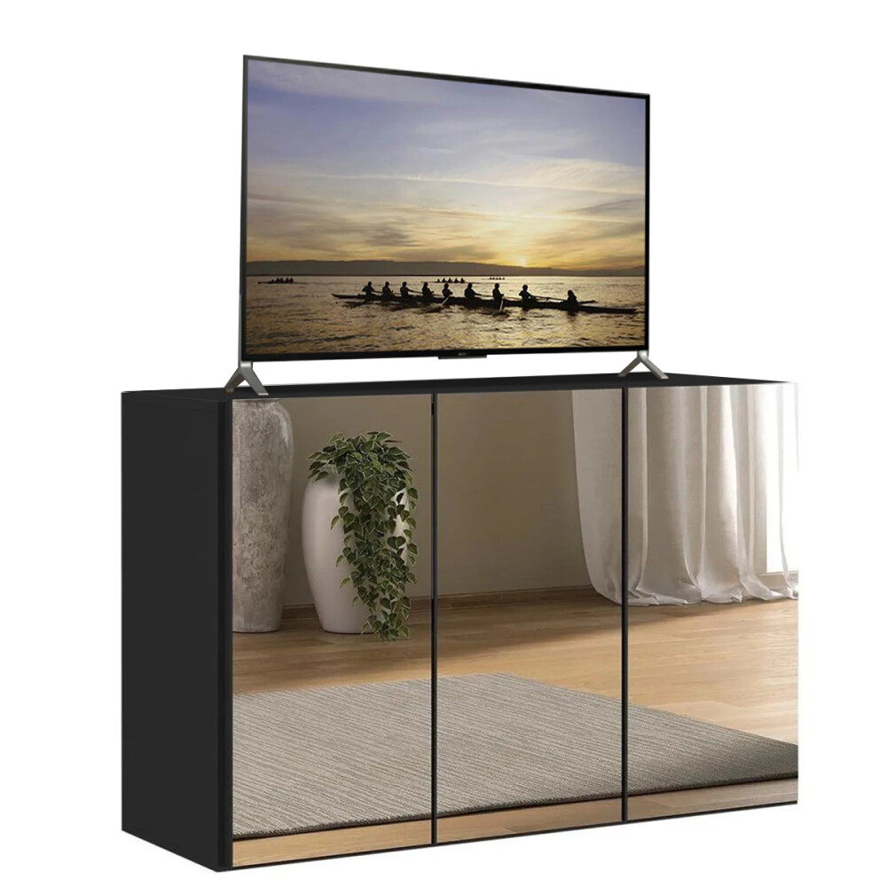 RACK APARADOR PARA TV O AUDIO 3 PUERTAS CON ESPEJOS NEGRO