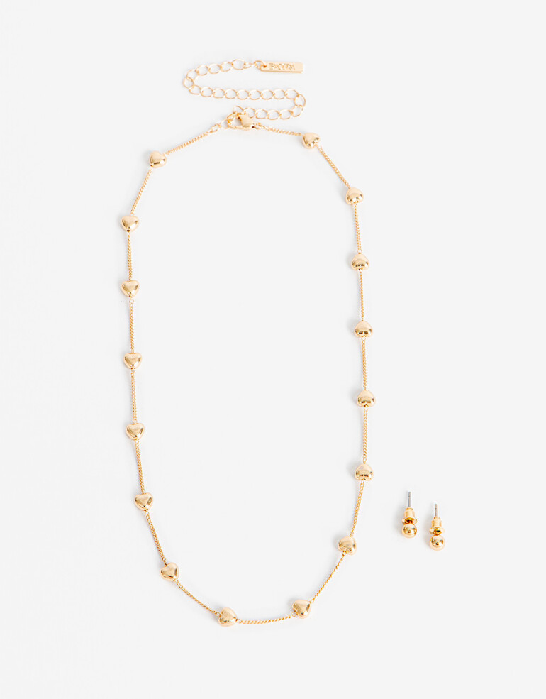 Bijouterie Set Metal Set De Aros Pasantes Y Collar Corazones - Dorado