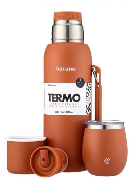 Kit Termo 1LT Con Base De Silicona + Mate De Acero Con Tapa Terracota