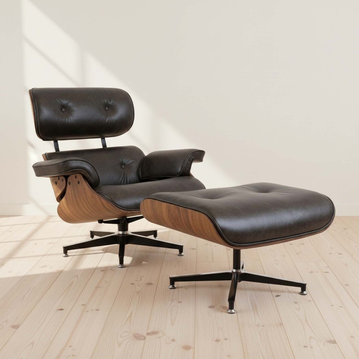 BUTACA C/PUFF - 1 CUERPO CUERO-100-NATURAL NEGRO EAMES 