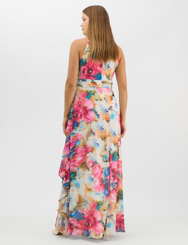 Vestido Largo Estampado Floral Con Cuello Halter MULTI/ROSA