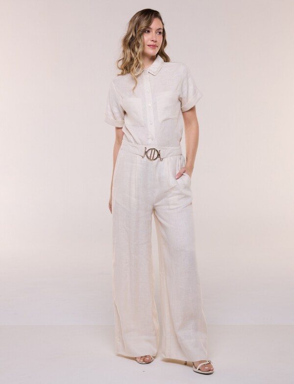 Conjunto De Lino Camisa Bordada Y Pantalon Palazzo BEIGE CLARO